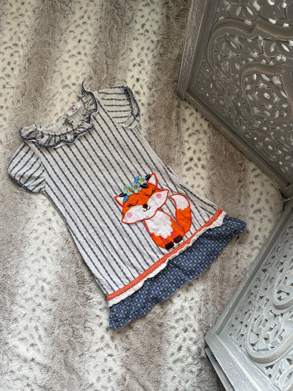 Blue white striped dress girls size 8 floral fox preppy girlhoodcore summer